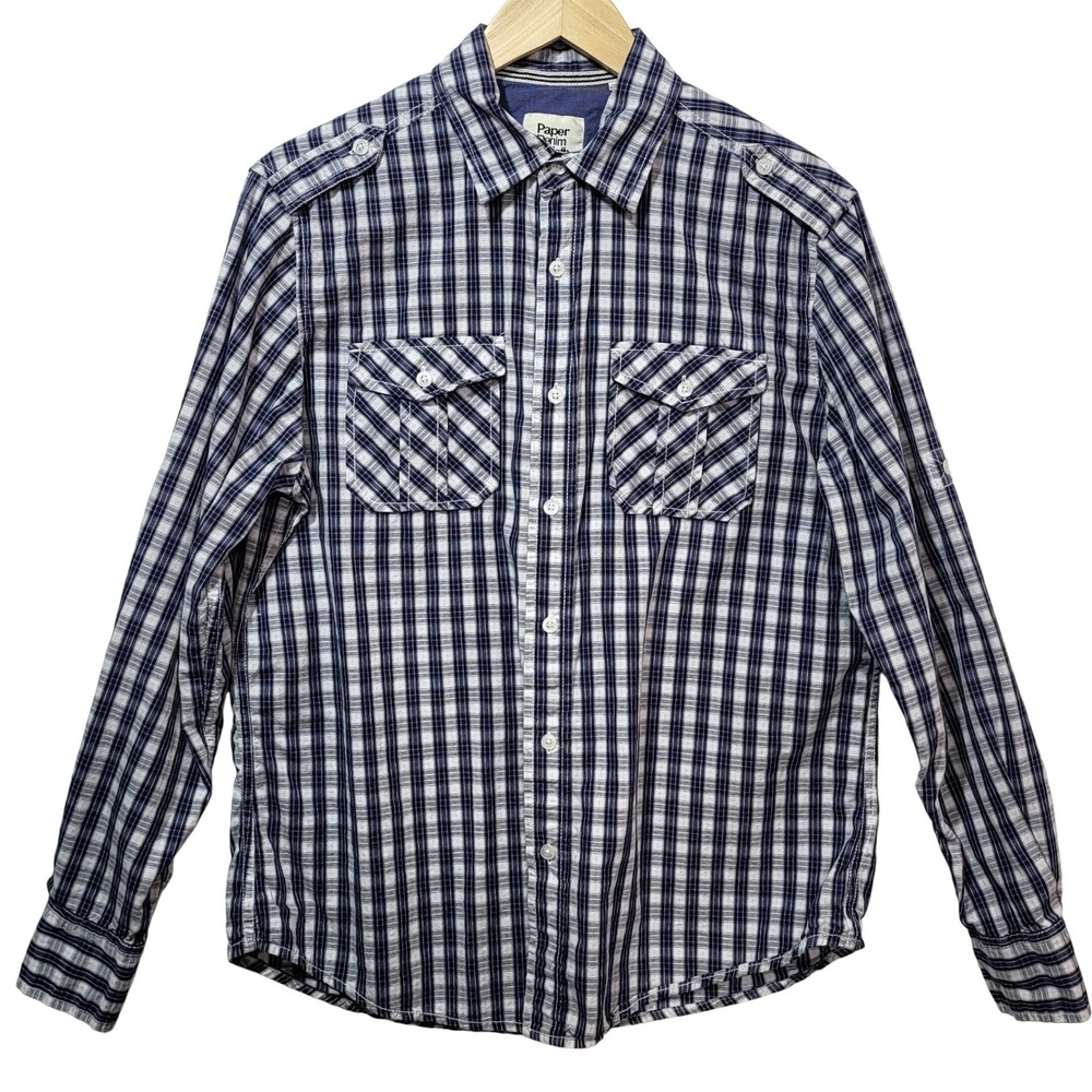 Paper Denim & Cloth Mens Medium‎ Navy White Plaid Roll Tab Button Down Shirt